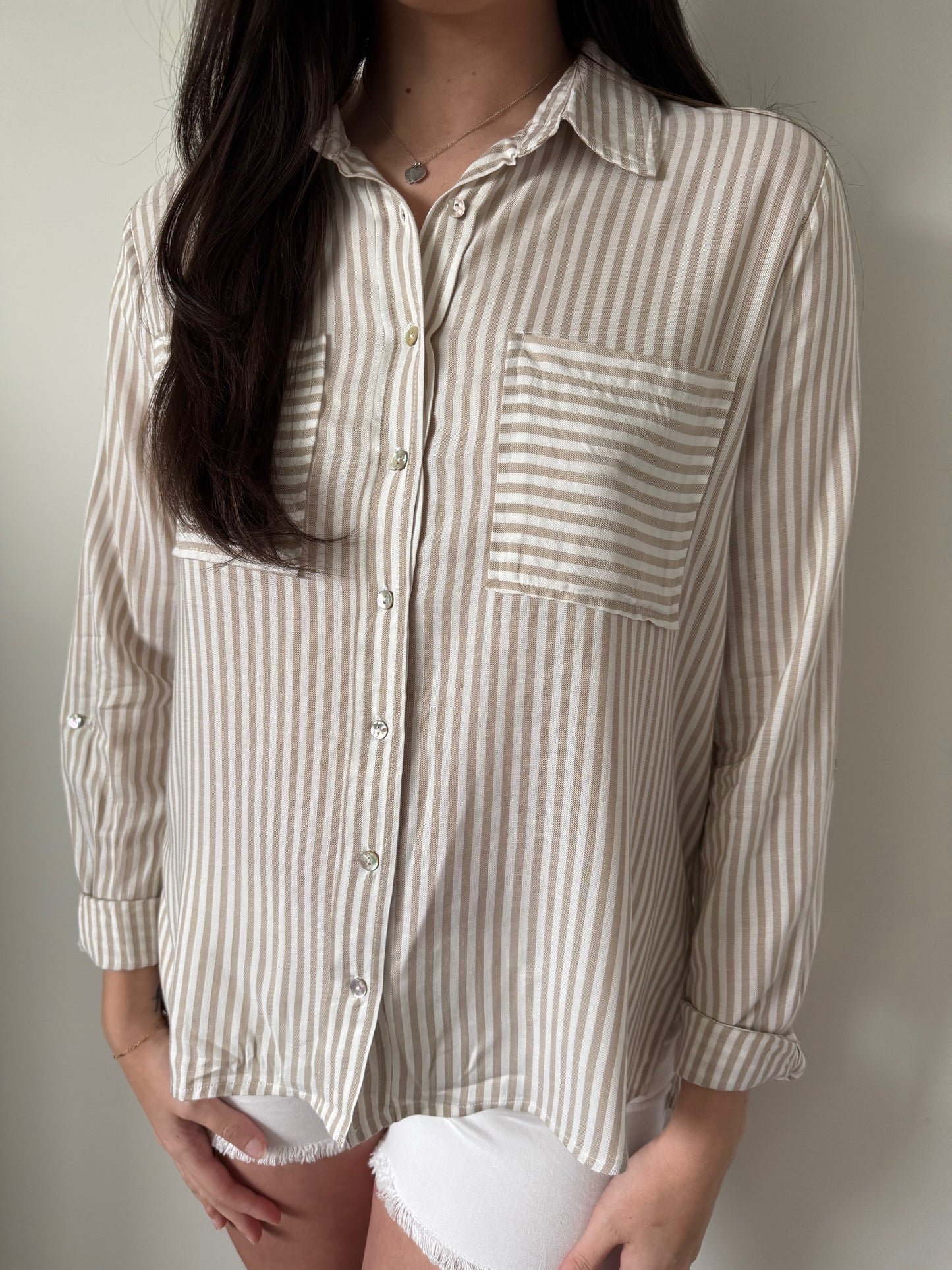 Taupe stripe button down top