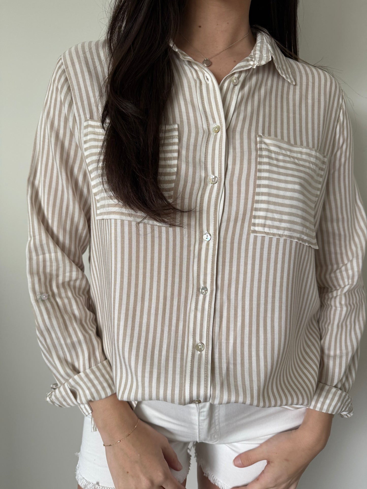 Taupe stripe button down top
